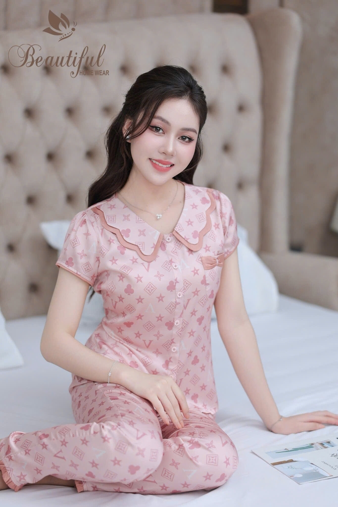Y743A Lụa Satin quần dài HỒNG chữ V cổ lượn 2 tầng