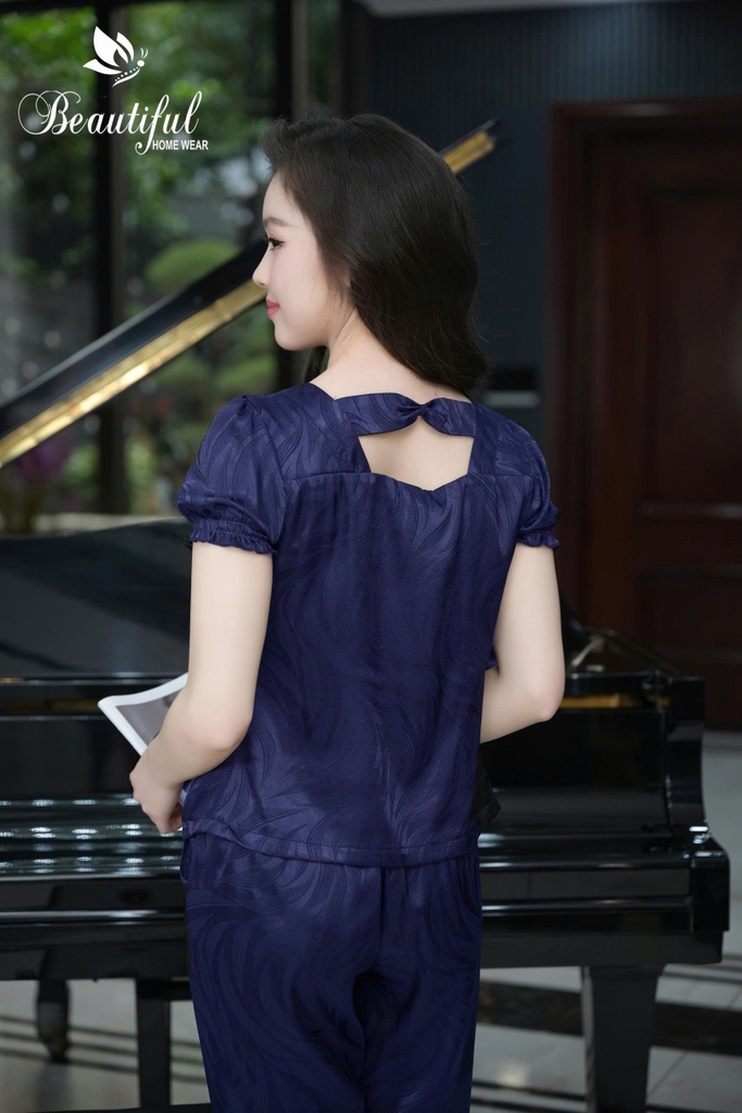Y920E Lụa Gấm quần dài XANH THAN vân lá nơ cổ vuông