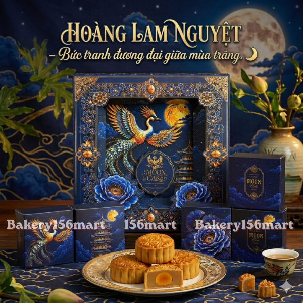 HỘP TRUNG THU HOÀNG LAM NGUYỆT – HỘP 4 BÁNH 150–250G | Giấy mềm, tự gấp xếp, thiết kế nghệ thuật đương đại {{store}}