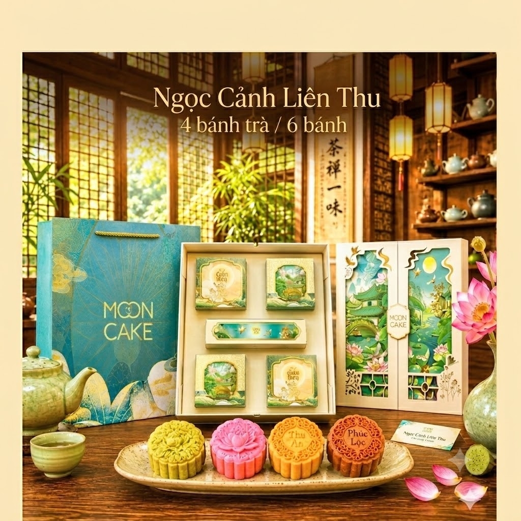 Hộp Trung Thu Ngọc Cảnh Liên Thu 4 Bánh Trà | 6 Bánh Cao Cấp | Hộp Cứng Gấp Gọn - {{store}}