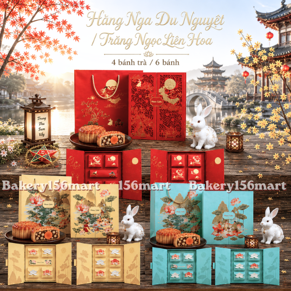 Hộp Trung thu Cứng Cao Cấp -Trăng Ngọc Liên Hoa-Hằng Nga Du Nguyệt 4 bánh trà / 6 Bánh