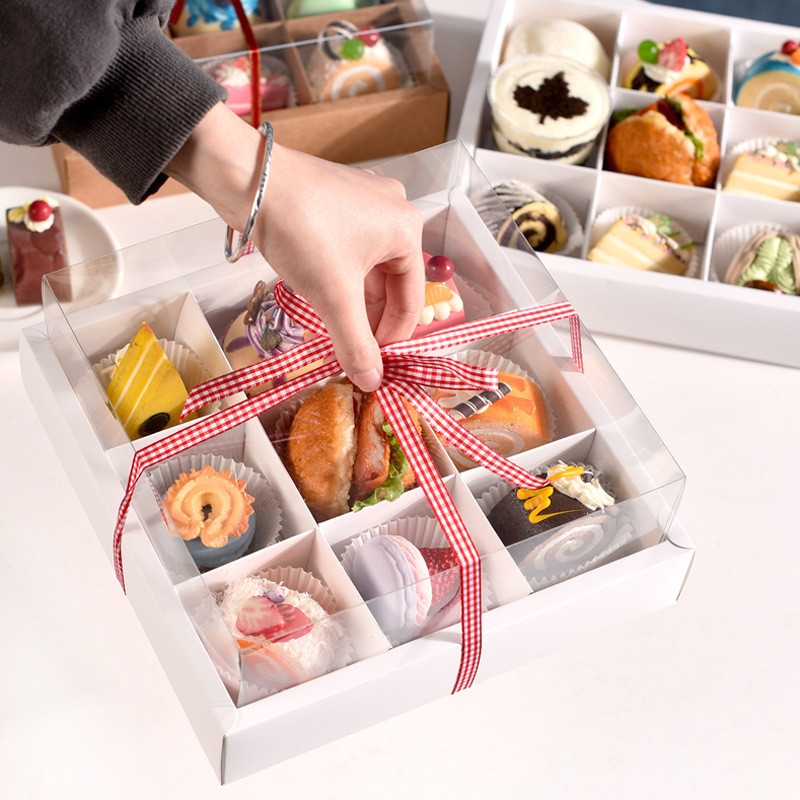 Set Hộp Giấy Trắng 9 Ngăn Nắp Nhựa Trong Mica Đựng Bánh Ngọt Mix, Bánh Kem, Cupcake -156mart
