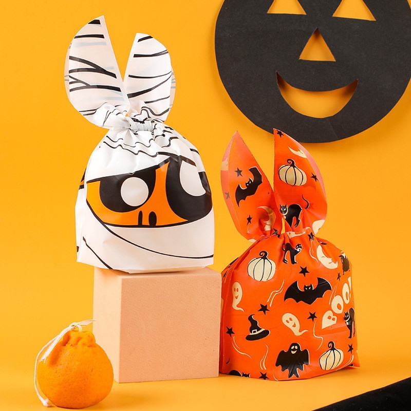 Set Túi Quà Tai Thỏ Halloween - Túi Bao Bì Bánh Quy Kẹo - Họa Tiết Dơi Zombie Bí Ngô