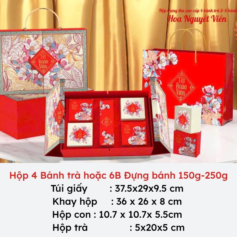 Hộp trung thu Hoa Nguyệt Viên - 4 bánh trà  - 6 bánh -hộp cứng cao cấp quai inox  kèm túi xách (nhận in logo)