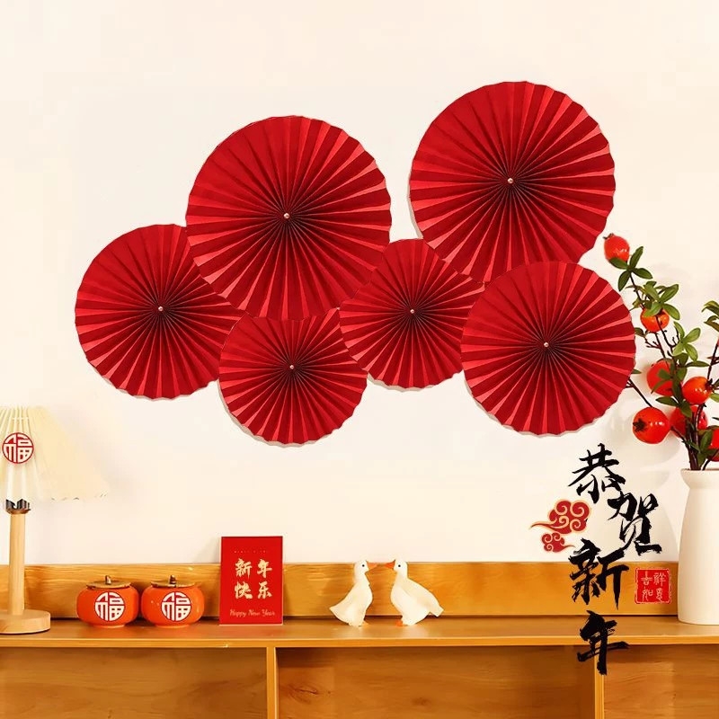 Set 6 quạt tròn đỏ treo trang trí  quà tết, decor ý nghĩa may mắn đầy đủ