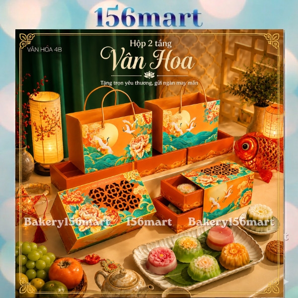 5-10 Hộp Trung Thu 4 Bánh VÂN HOA 2 Tầng, Đựng Bánh 150gr - 250gr, Đựng Bánh Rau Câu (Mẫu Mới 2026)