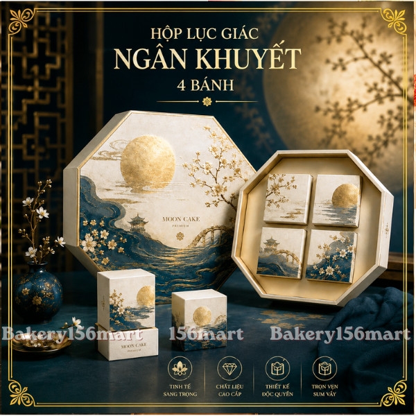 Hộp trung thu Lục Giác Ngân Khuyết - 4 bánh  kèm túi xách [HOT] Nhận in Logo