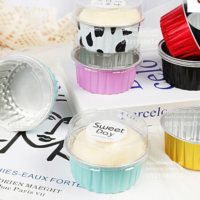 50 Cốc Nhôm Cốc Thiếc Đựng Bánh Tart Trứng, Nướng Bánh Trực Tiếp 125ml Kèm Nắp Trong [8435]