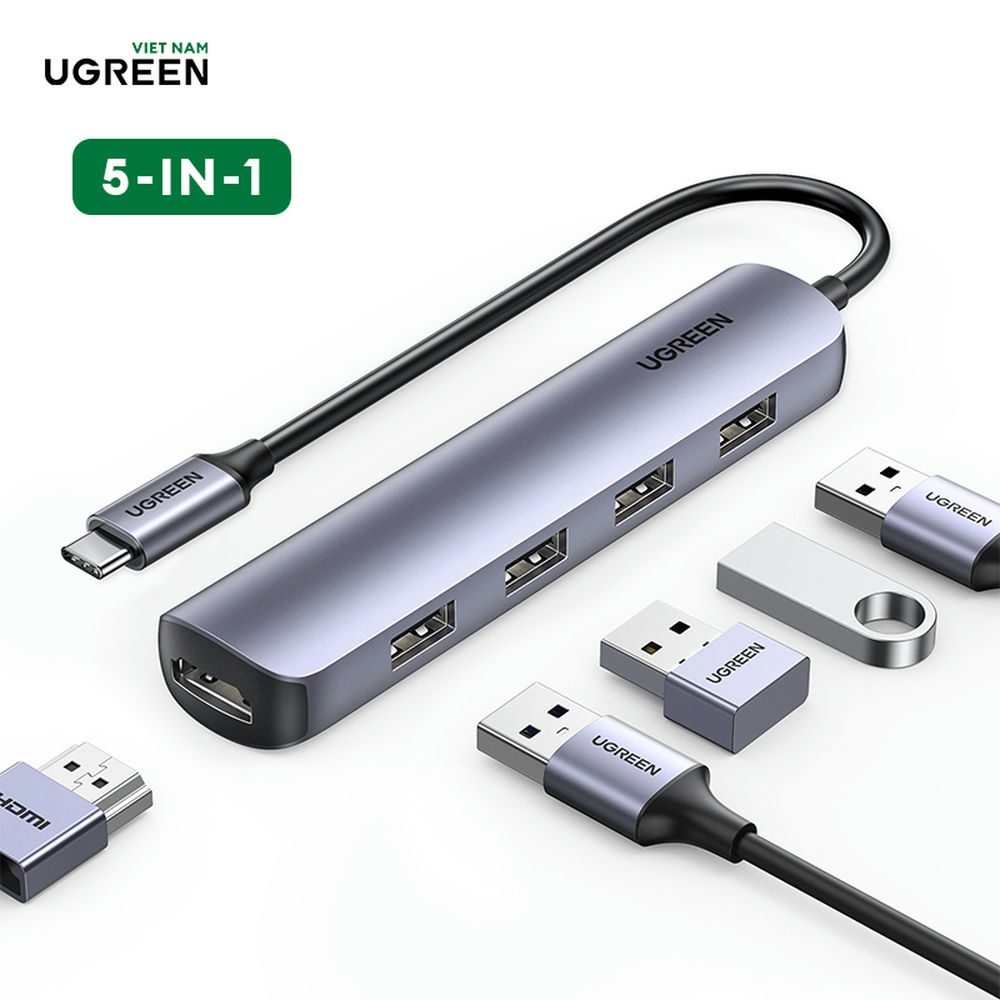 Bộ chuyển từ USB Type C Ugreen 20197 5 trong 1 HDMi 4K 30hz + 4 * USB 3.0