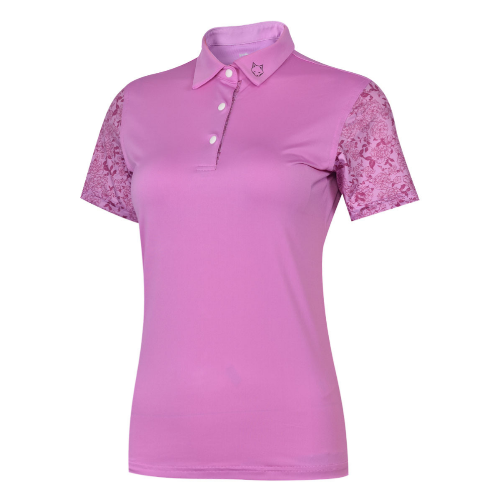 ÁO GOLF NỮ HANDEE TAY NGẮN TÍM PHỐI HOA VĂN TRỤ CỔ