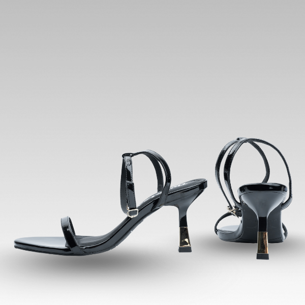 Giày sandal cao gót quai mảnh đen  – Gót nhọn ánh kim sang chảnh – Think Le-V