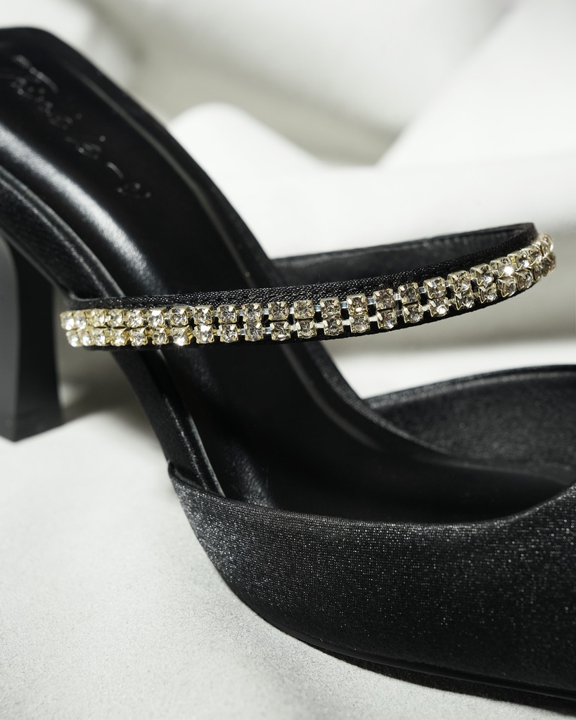 Giày mule cao gót đen mũi nhọn đính đá – Dự tiệc sang trọng – Think Le-V
