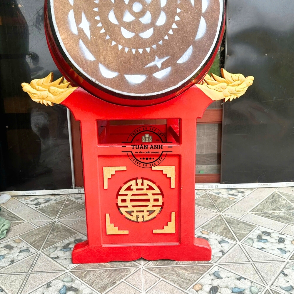 Trống Đình Chùa 60×80cm Gỗ Mít Da Trâu – Giá Đầu Rồng Khắc Chữ Thọ