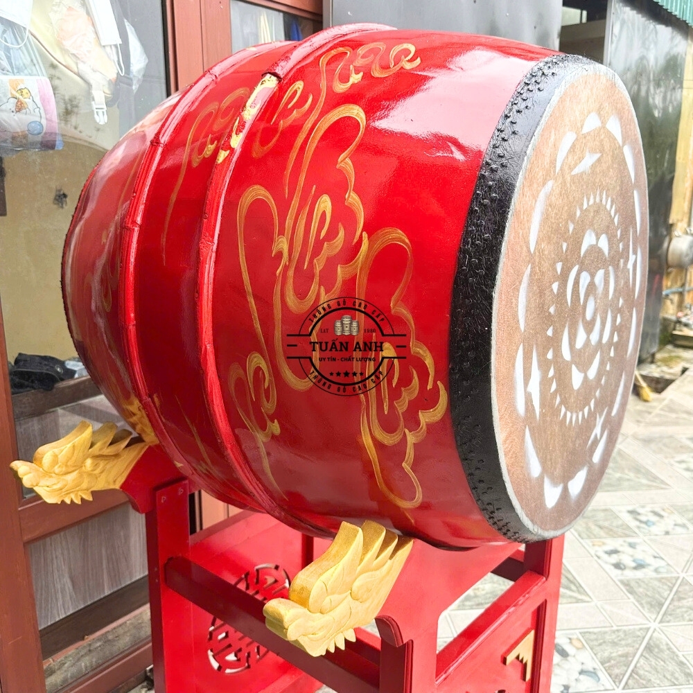 Trống Đình Chùa 60×80cm Gỗ Mít Da Trâu – Giá Đầu Rồng Khắc Chữ Thọ