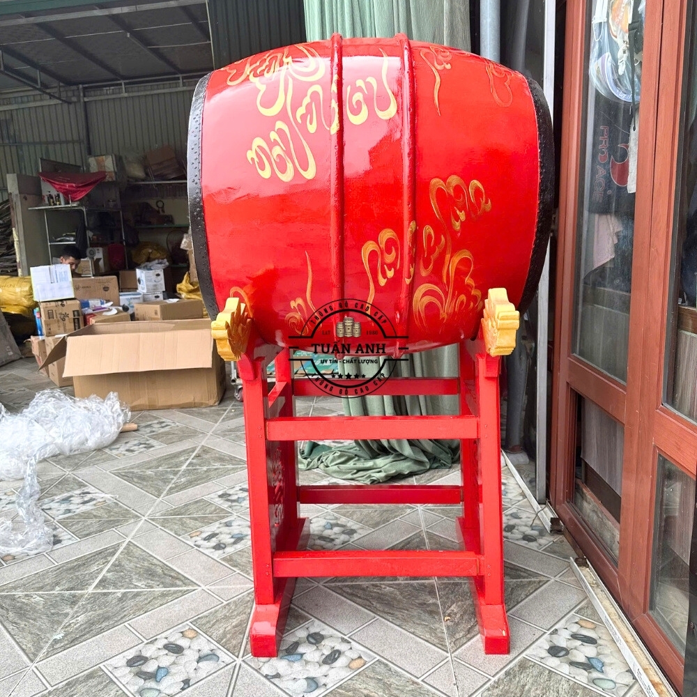 Trống Đình Chùa 60×80cm Gỗ Mít Da Trâu – Giá Đầu Rồng Khắc Chữ Thọ