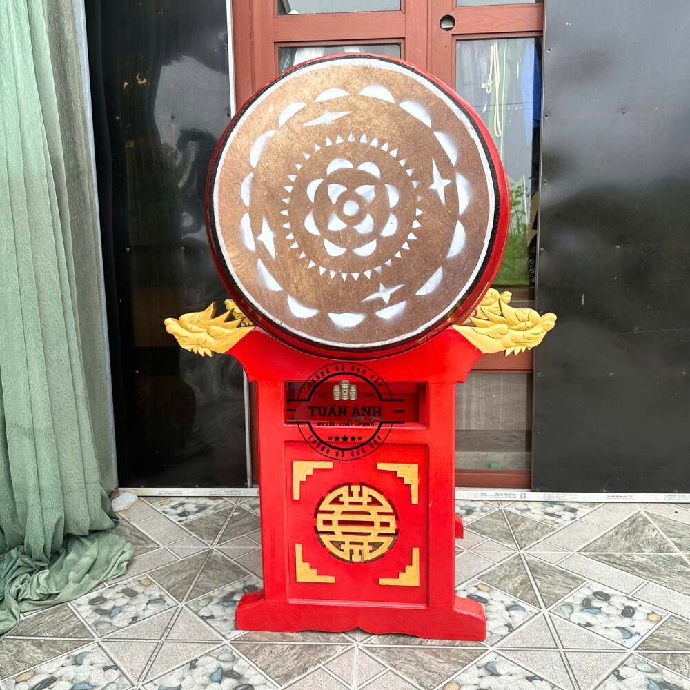 Trống Đình Chùa 60×80cm Gỗ Mít Da Trâu – Giá Đầu Rồng Khắc Chữ Thọ