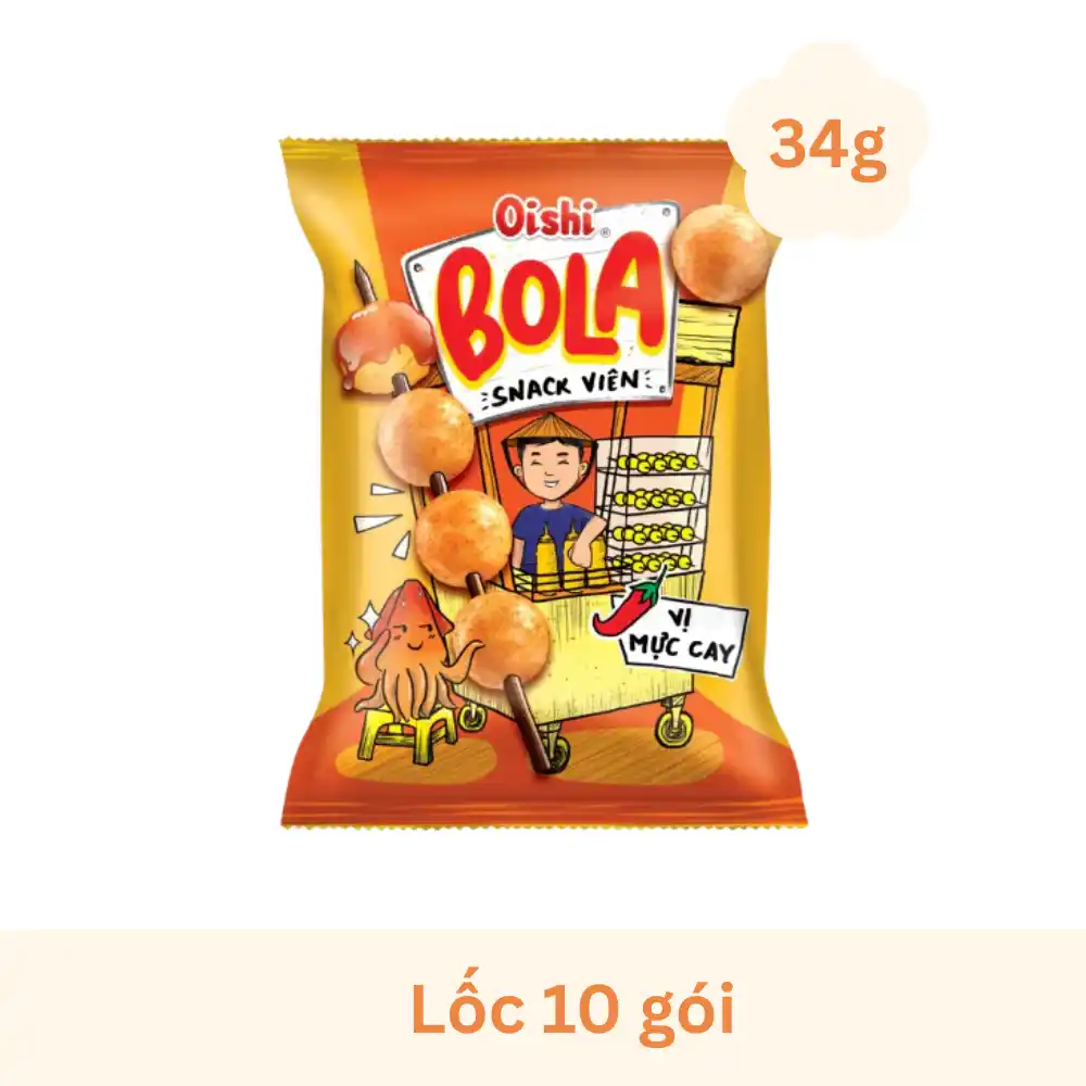 Lốc 10 gói snack viên Oishi Bola vị mực cay 34g