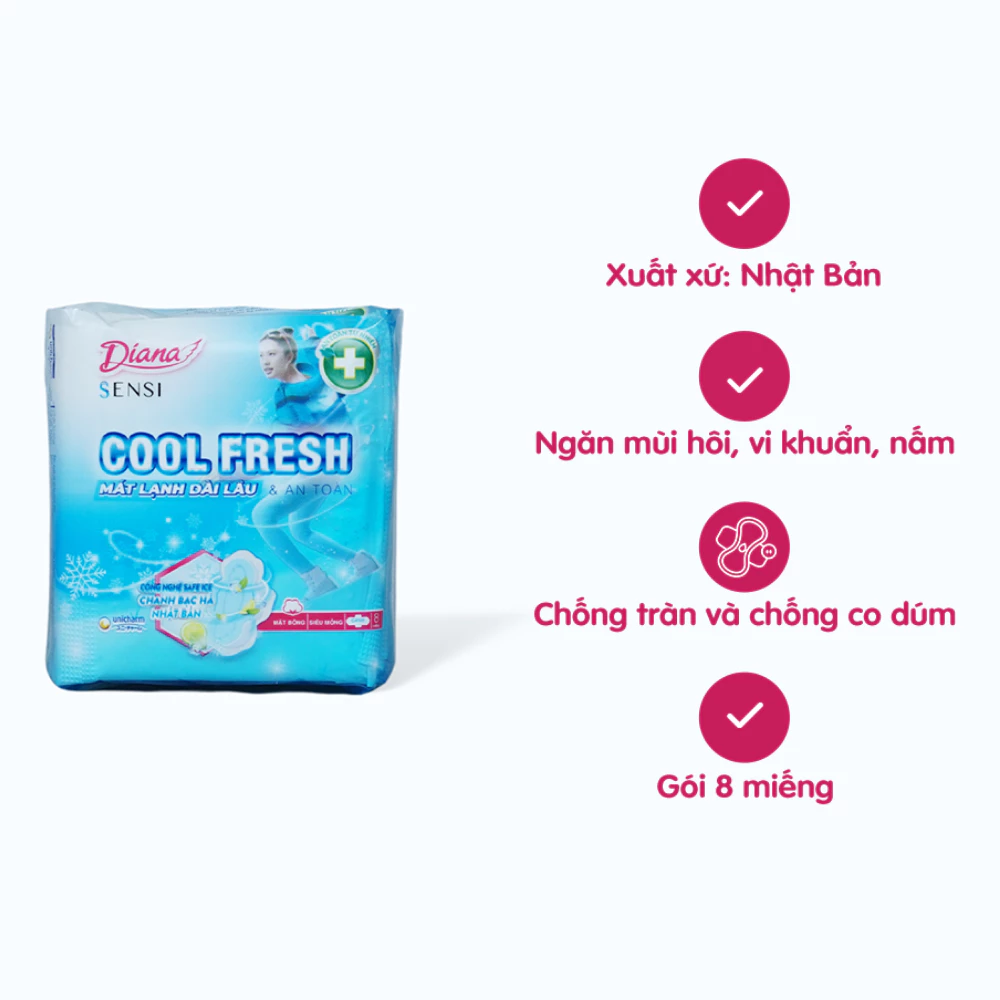 Băng vệ sinh Diana cool fresh mát dịu siêu mỏng cánh 8 miếng