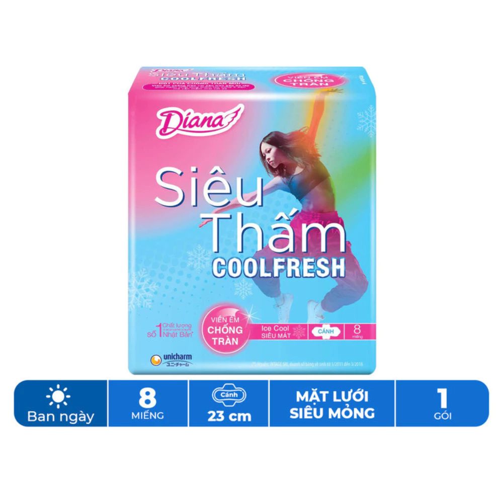 Băng vệ sinh Diana siêu thấm Cool Fresh siêu mỏng cánh 8 miếng