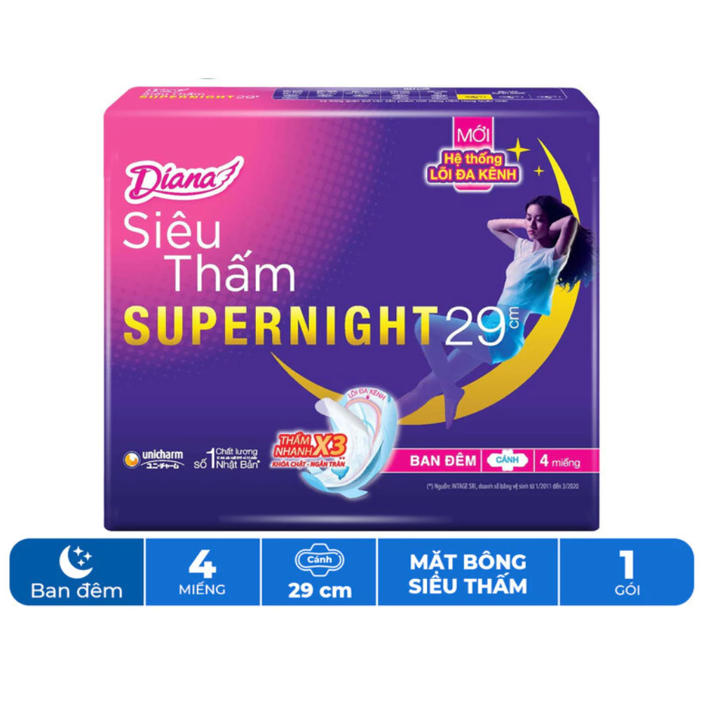 Băng vệ sinh Diana Super Night ban đêm 29cm gói 4 - 12 miếng