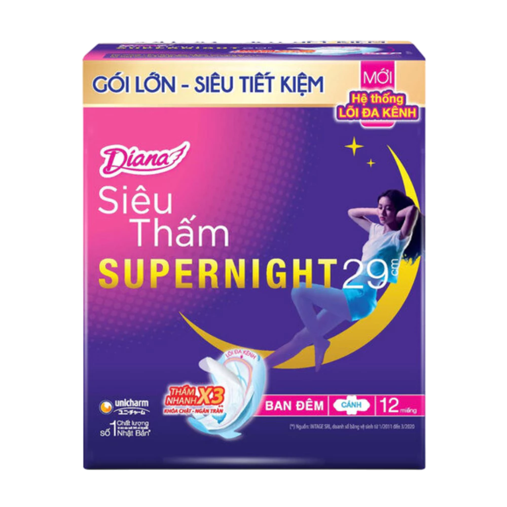 Băng vệ sinh Diana Super Night ban đêm 29cm gói 4 - 12 miếng