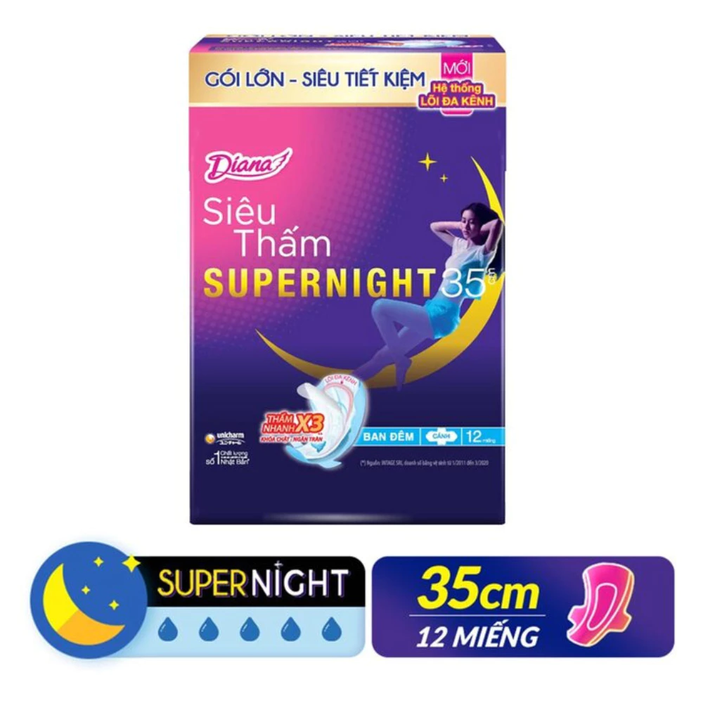 Băng vệ sinh Diana Super Night ban đêm 35cm gói 3 - 12 miếng