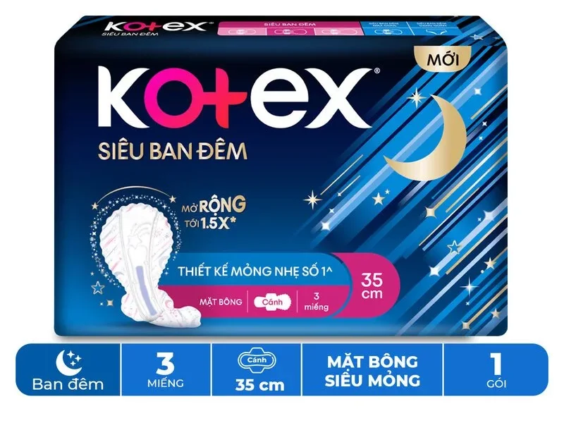 Băng vệ sinh Kotex ban đêm mặt bông siêu mỏng cánh 35cm - 3/8 miếng