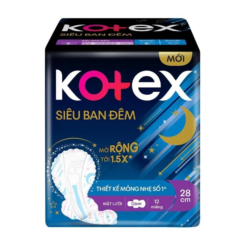 Băng Vệ Sinh Kotex Ban Đêm Mặt Lưới Siêu Mỏng Cánh 28cm 12 Miếng