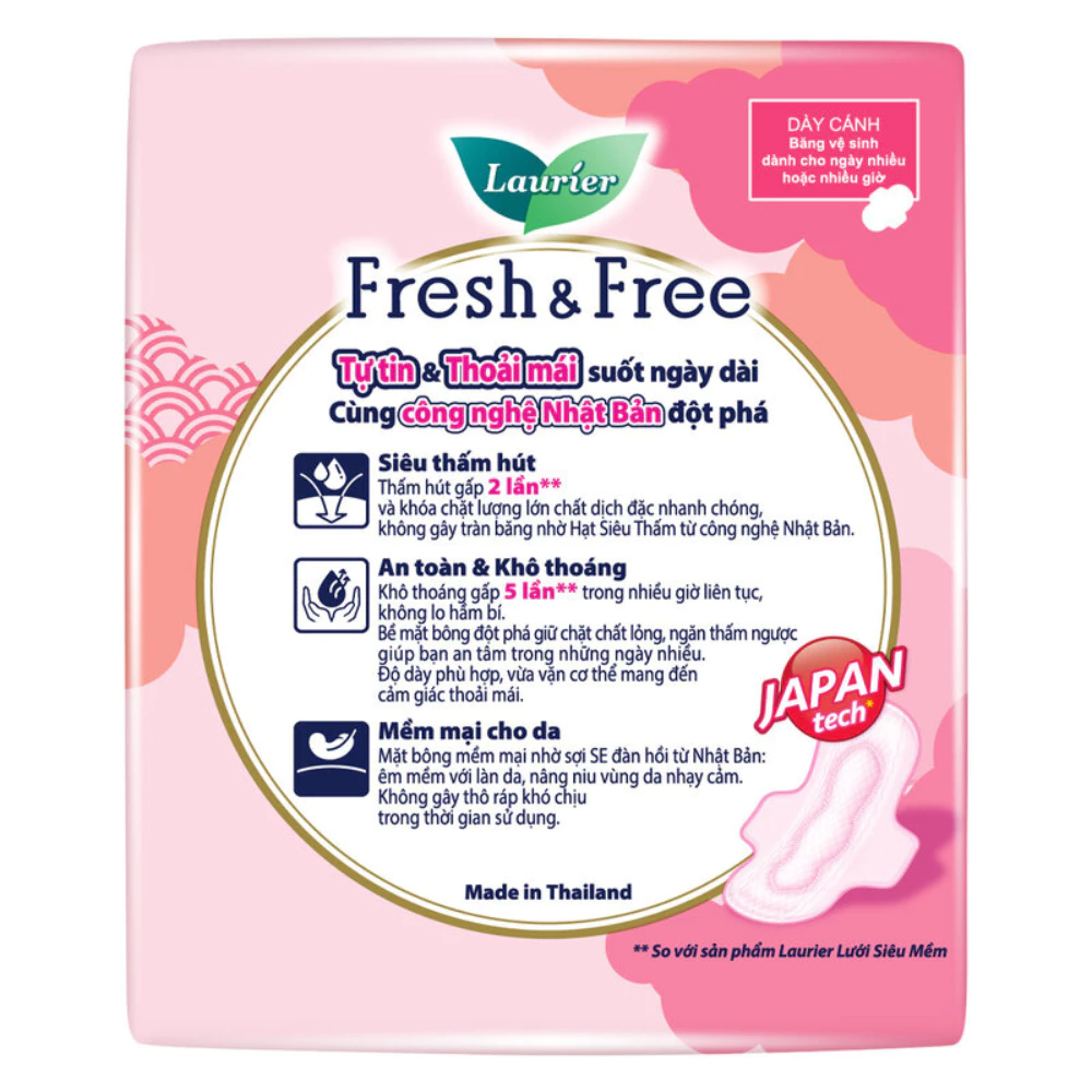 Băng vệ sinh Laurier Fresh & Free dày cánh 22cm thấm hút tốt 20 miếng