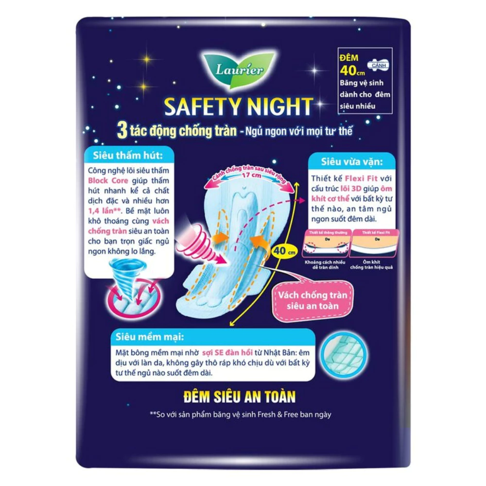 Băng vệ sinh Laurier Safety Night ban đêm chống tràn 40cm 4/8 miếng