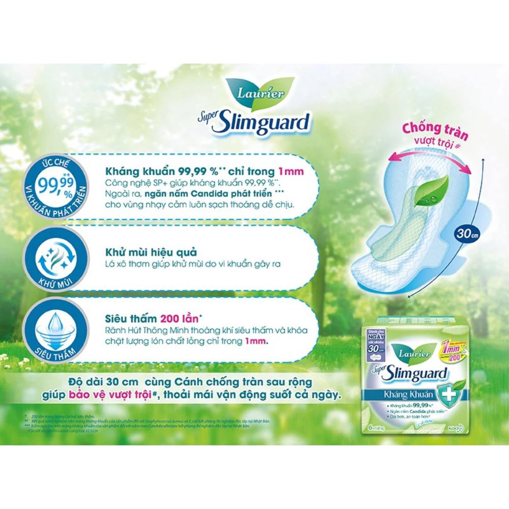 Băng vệ sinh Laurier siêu mỏng cánh kháng khuẩn 30cm 6 miếng