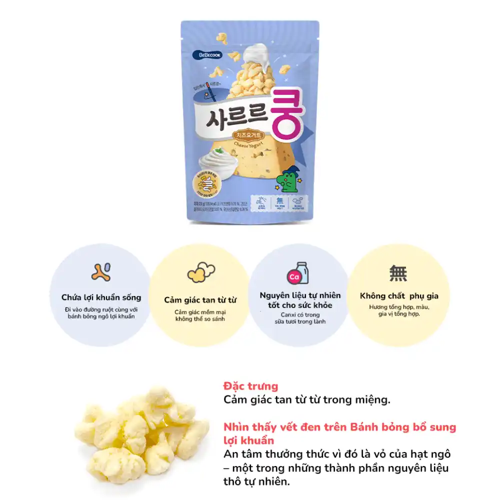 Bánh bỏng Bebecook bổ sung lợi khuẩn vị dâu /vị chuối /vị pho mai 23g dành cho bé trên 12 tháng tuổi