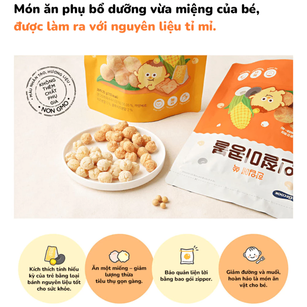 Bánh bỏng bi Bebecook vị đậu/ vị phô mai/ vị chuối và đậu đỏ 25g dành cho bé trên 12 tháng tuổi