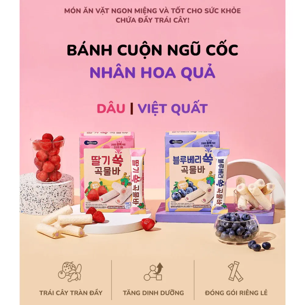 Bánh cuộn thanh ngũ cốc Bebecook vị dâu /việt quất 40g dành cho bé trên 15 tháng tuổi