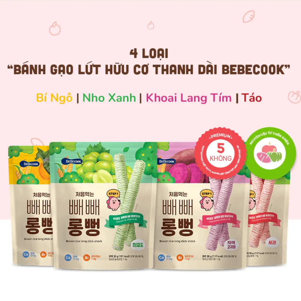 Bánh gạo lứt thanh dài Bebecook vị táo /bí ngô /khoai lang tím /nho xanh 30g dành cho bé trên 7 tháng tuổi