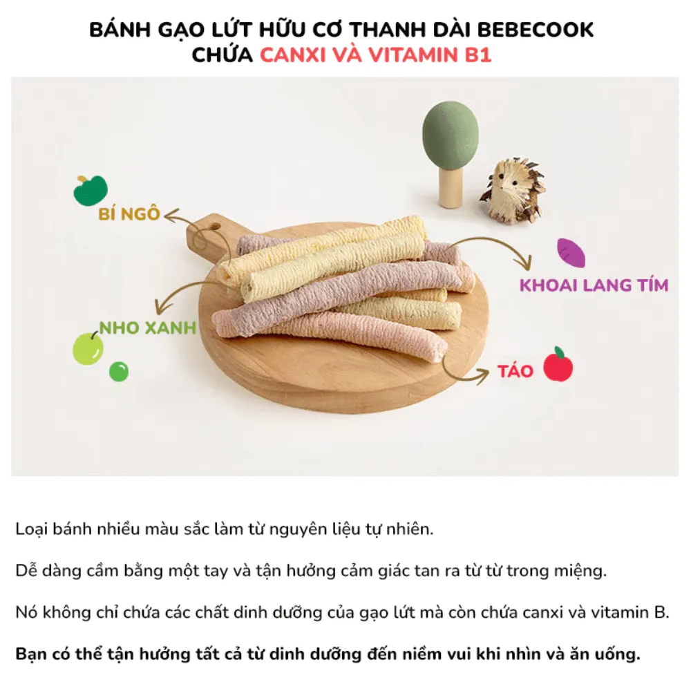 Bánh gạo lứt thanh dài Bebecook vị táo /bí ngô /khoai lang tím /nho xanh 30g dành cho bé trên 7 tháng tuổi