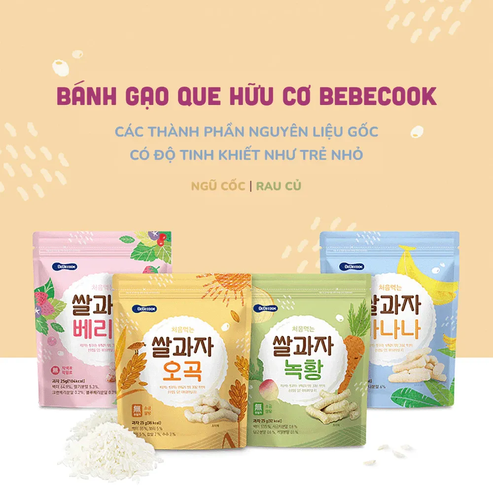 Bánh gạo que Bebecook vị rau củ /vị ngũ cốc /vị chuối /vị quả mọng 25g dành cho bé trên 12 tháng tuổi