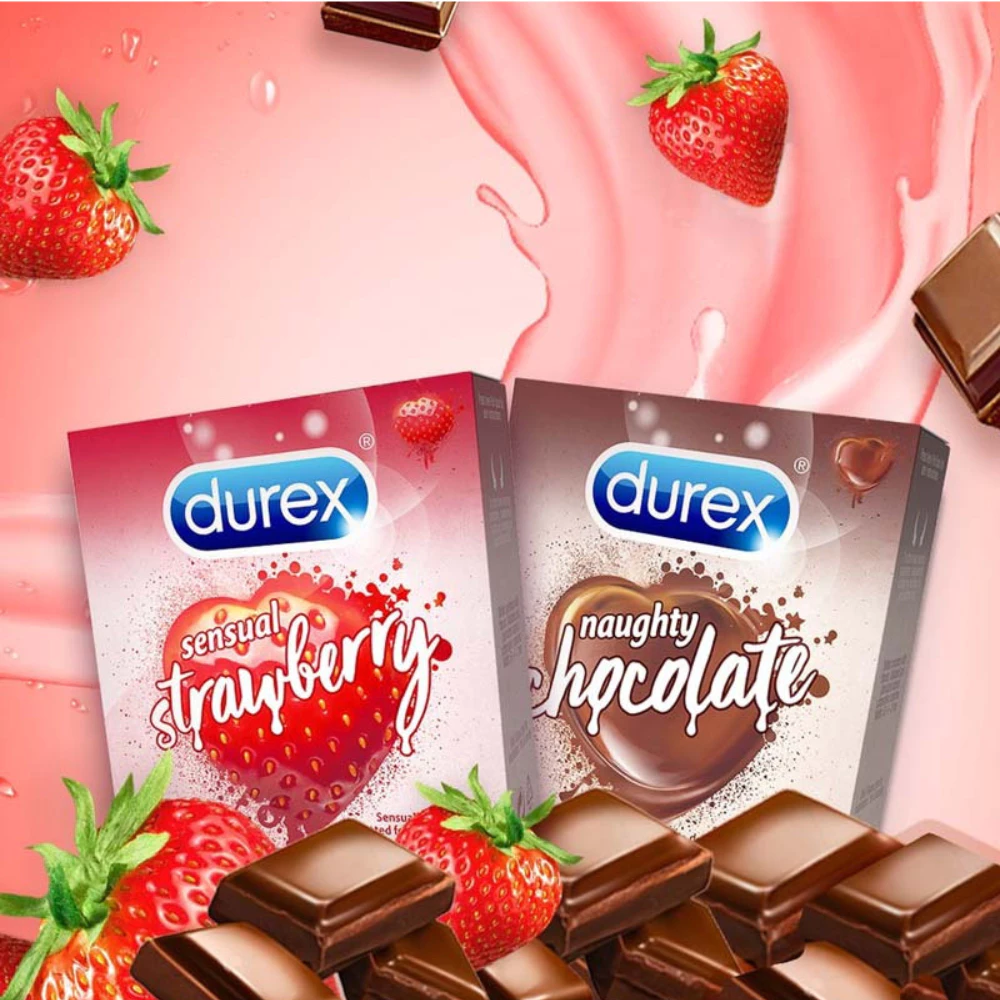 Bao cao su Durex hương dâu và hương socola size 52mm (hộp 3 cái)