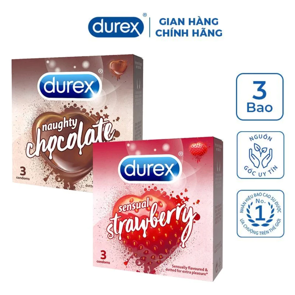 Bao cao su Durex hương dâu và hương socola size 52mm (hộp 3 cái)