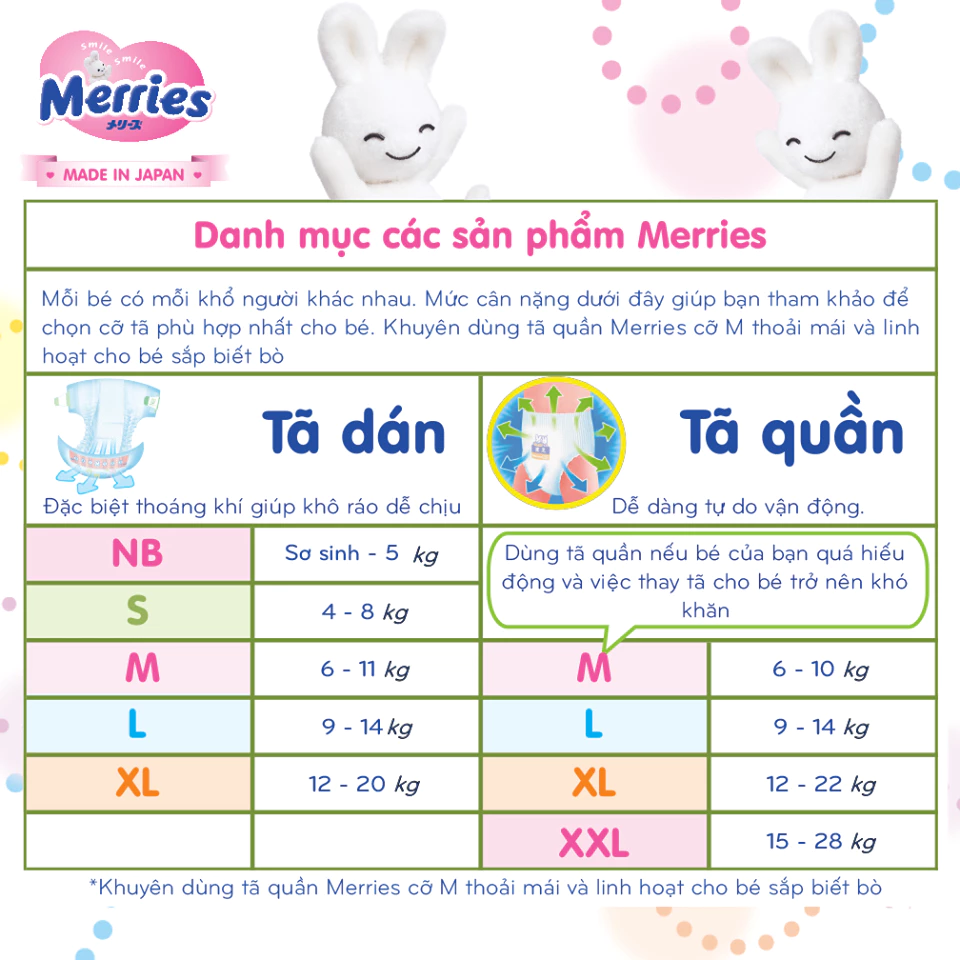Bỉm/Tã dán, quần Merries cộng miếng nội địa Nhật đủ size cho bé