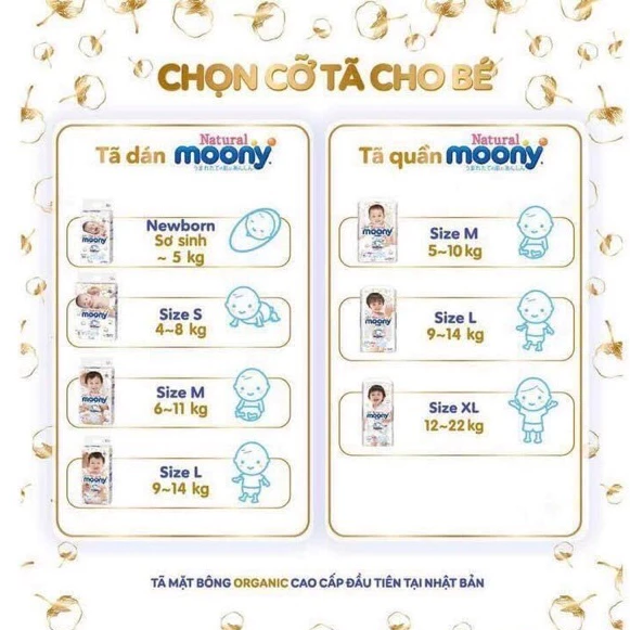 Bỉm/Tã dán, quần Moony Natural nội địa Nhật đủ size cho bé