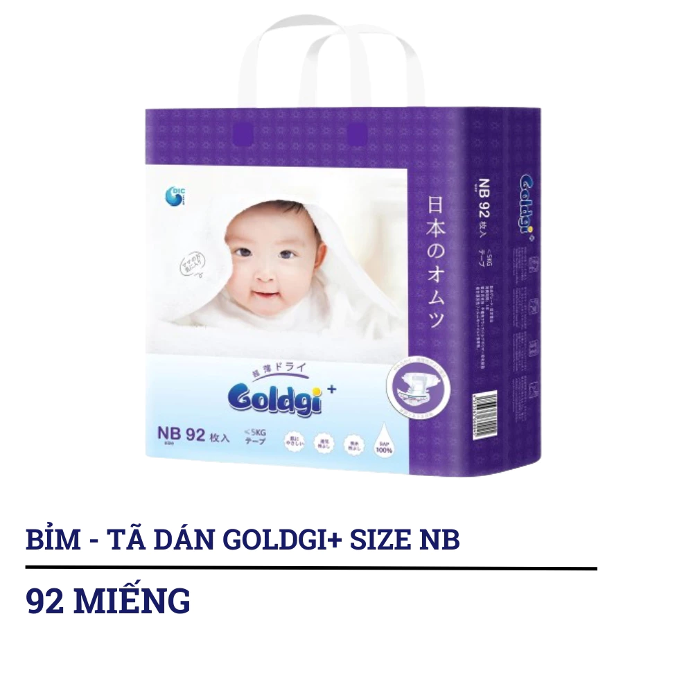 Bỉm - Tã dán/tã quần Goldgi+ size NB92/S84/M66/L56/M60/L48/XL44/XXL32 (từ dưới 5kg đến trên 15kg)
