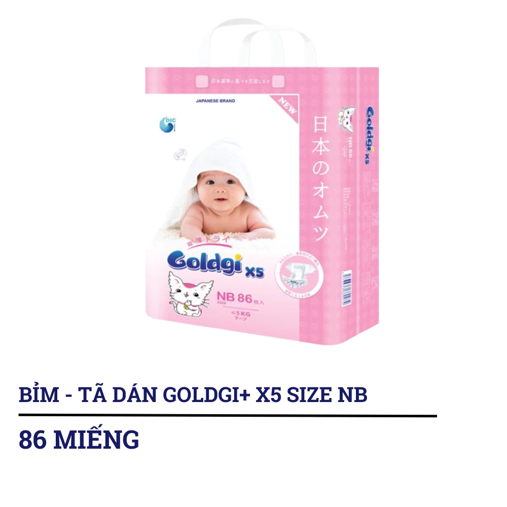 Bỉm - Tã dán/tã quần Goldgi+ X5 size NB92/S76/M66/L56/M54/L48/XL44/XXL32 (từ dưới 5kg đến trên 15kg)