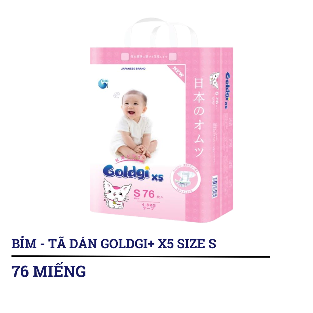 Bỉm - Tã dán/tã quần Goldgi+ X5 size NB92/S76/M66/L56/M54/L48/XL44/XXL32 (từ dưới 5kg đến trên 15kg)
