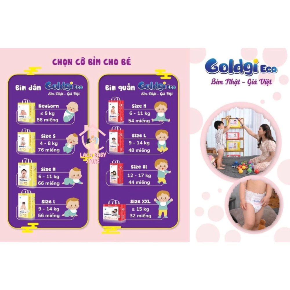 Bỉm - Tã quần Goldgi Eco size M54/L48/XL44/XXL32 (từ 6 đến trên 15kg)