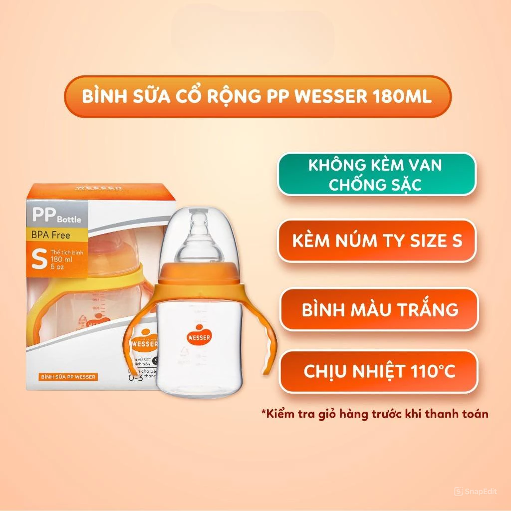 Bình sữa PP Wesser cổ rộng 180ml/ 260ml