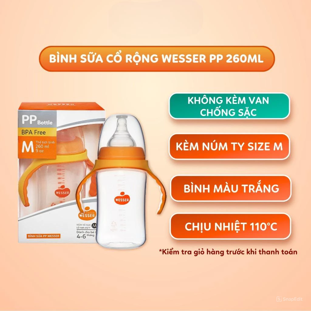 Bình sữa PP Wesser cổ rộng 180ml/ 260ml