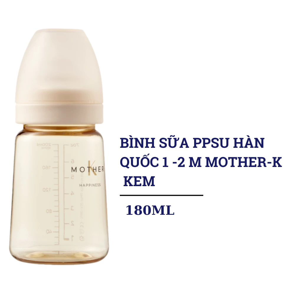 Bình sữa PPSU Hàn Quốc 1 - 2m Mother-K 180ml màu kem/xanh