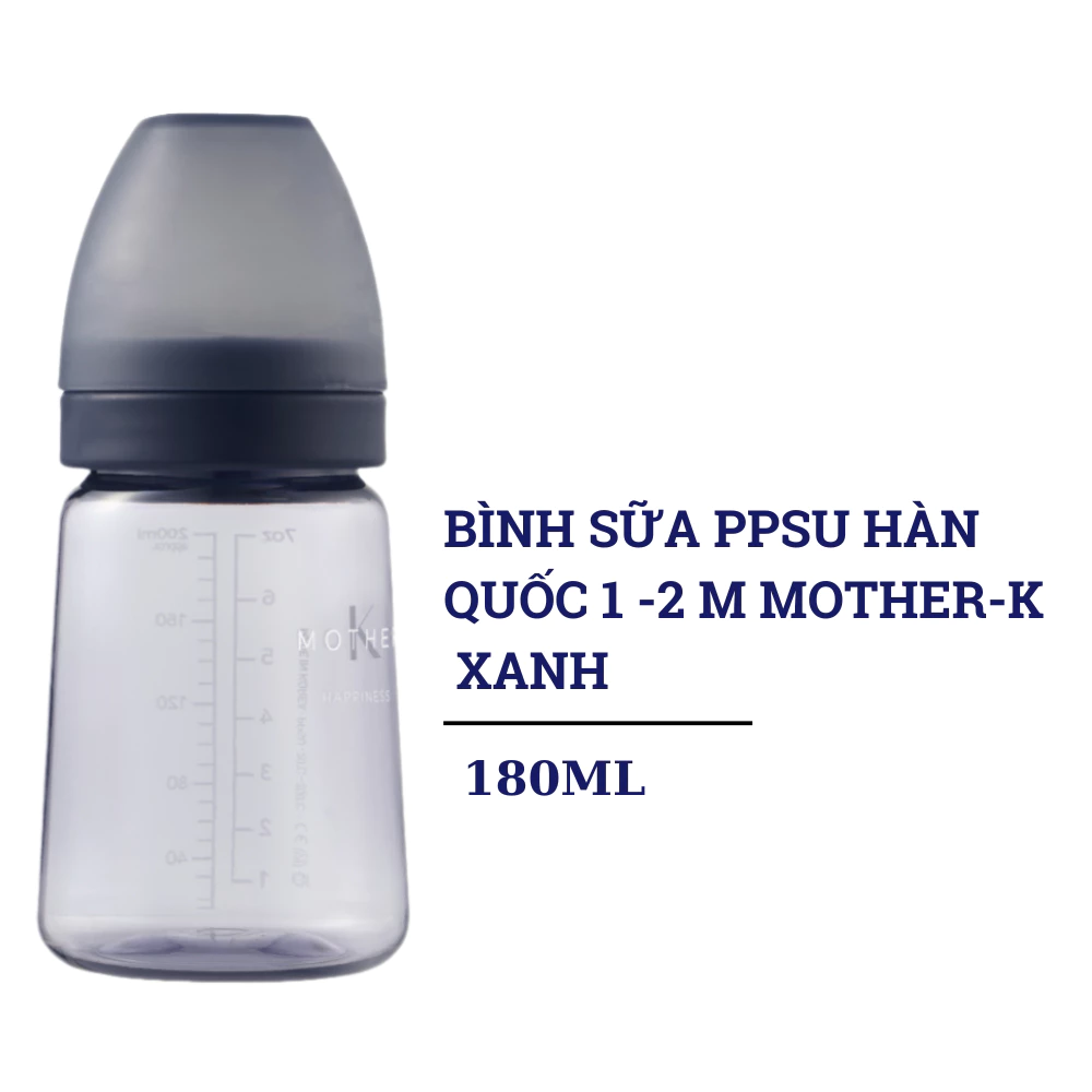 Bình sữa PPSU Hàn Quốc 1 - 2m Mother-K 180ml màu kem/xanh