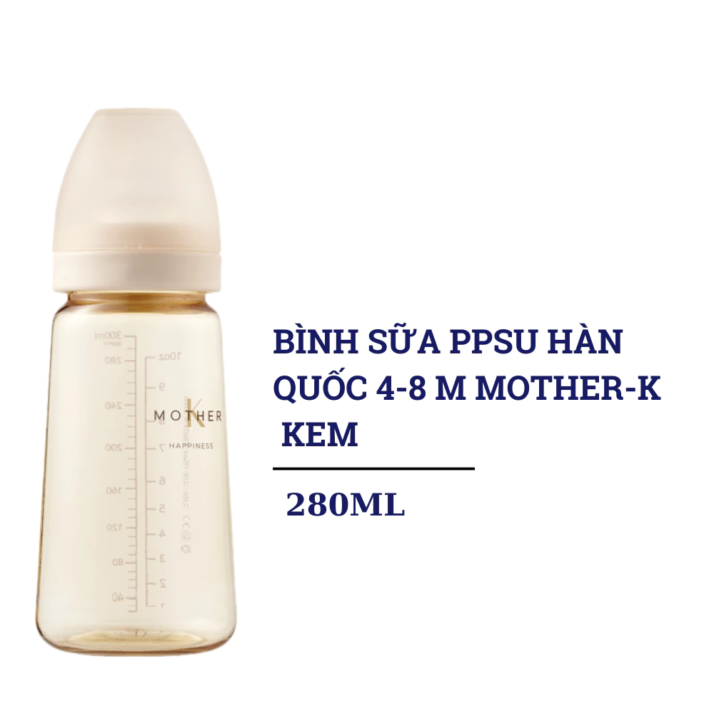 Bình sữa PPSU Hàn Quốc 4 - 8m Mother-K 280ml màu kem/xanh